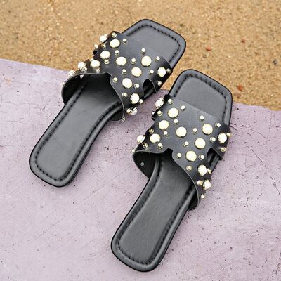 Pearl Detail Square Toe Flat Sandals - Trendy by Luna