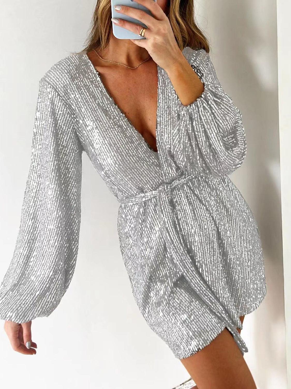 Full Size Sequin Surplice Tie Waist Long Sleeve Romper - Trendy by Luna