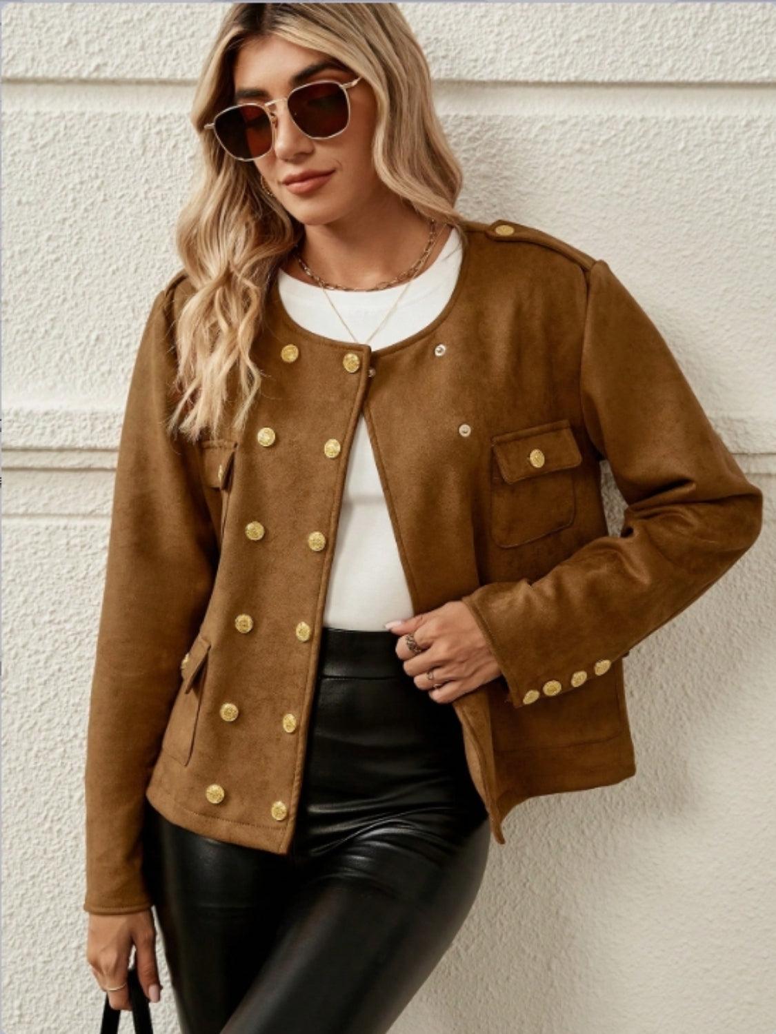 Snap Down Round Neck Jacket - Trendy by Luna