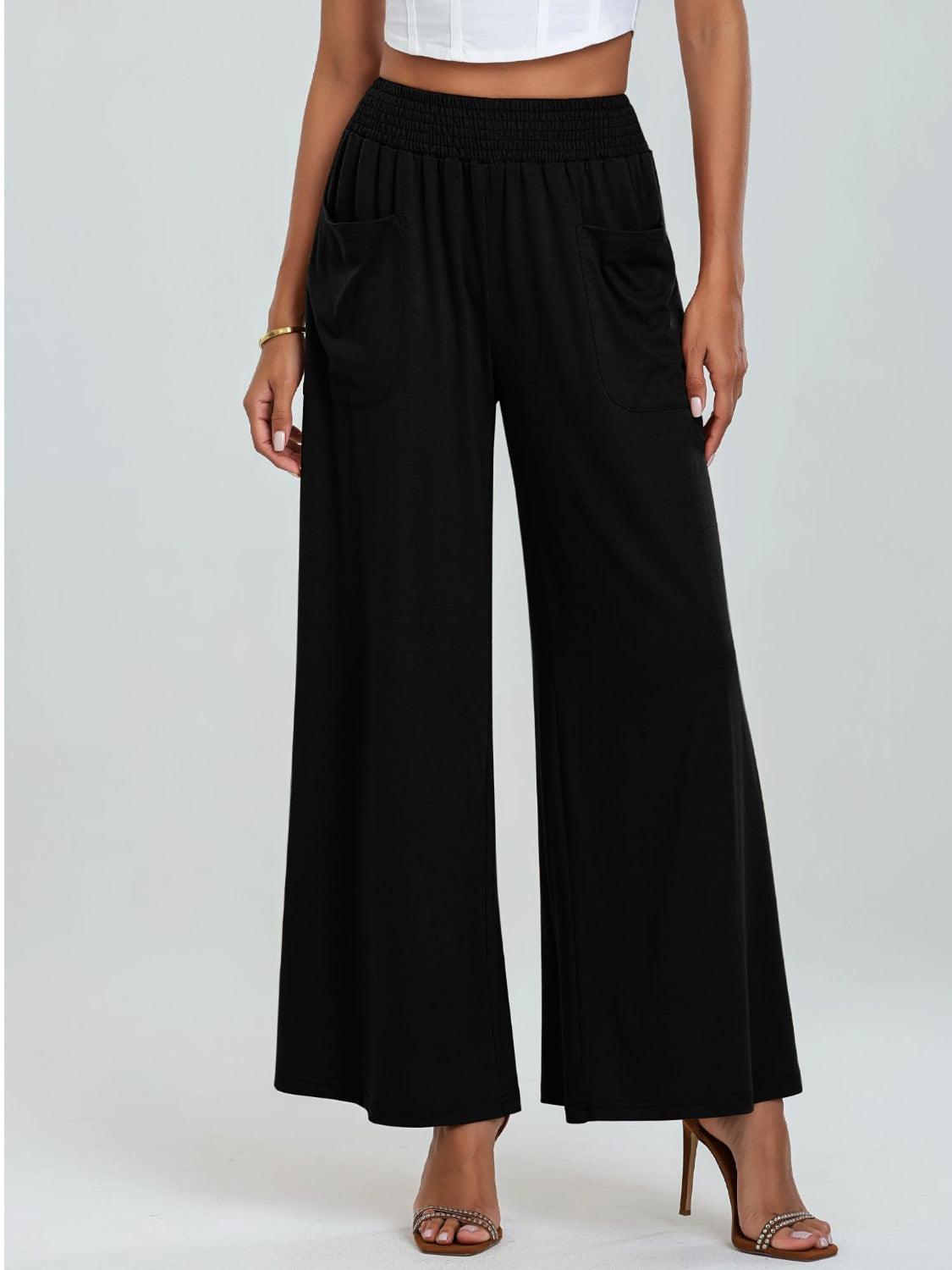 Pocketed Elastic Waist Wide Leg Pants - Trendy by Luna