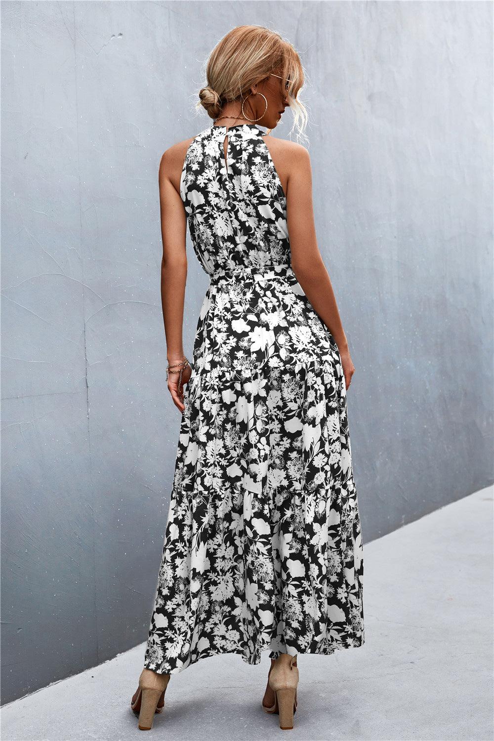 Printed Sleeveless Tie Waist Maxi Dress - Trendy by Luna