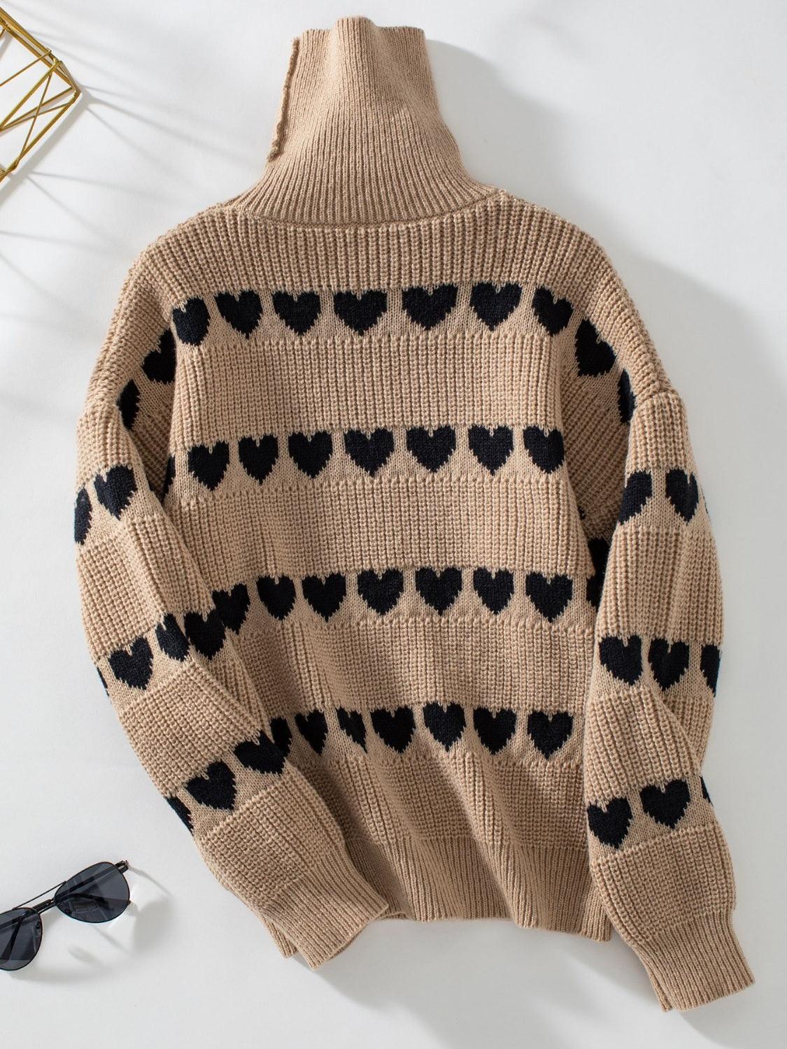 Heart Turtleneck Dropped Shoulder Sweater - Trendy by Luna