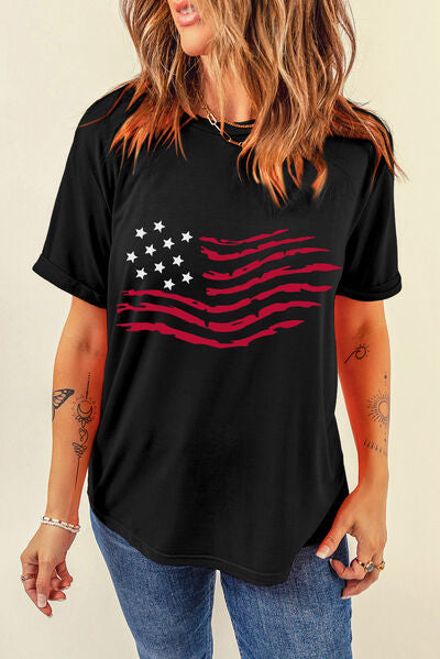 US Flag Round Neck Short Sleeve T-Shirt - Trendy by Luna