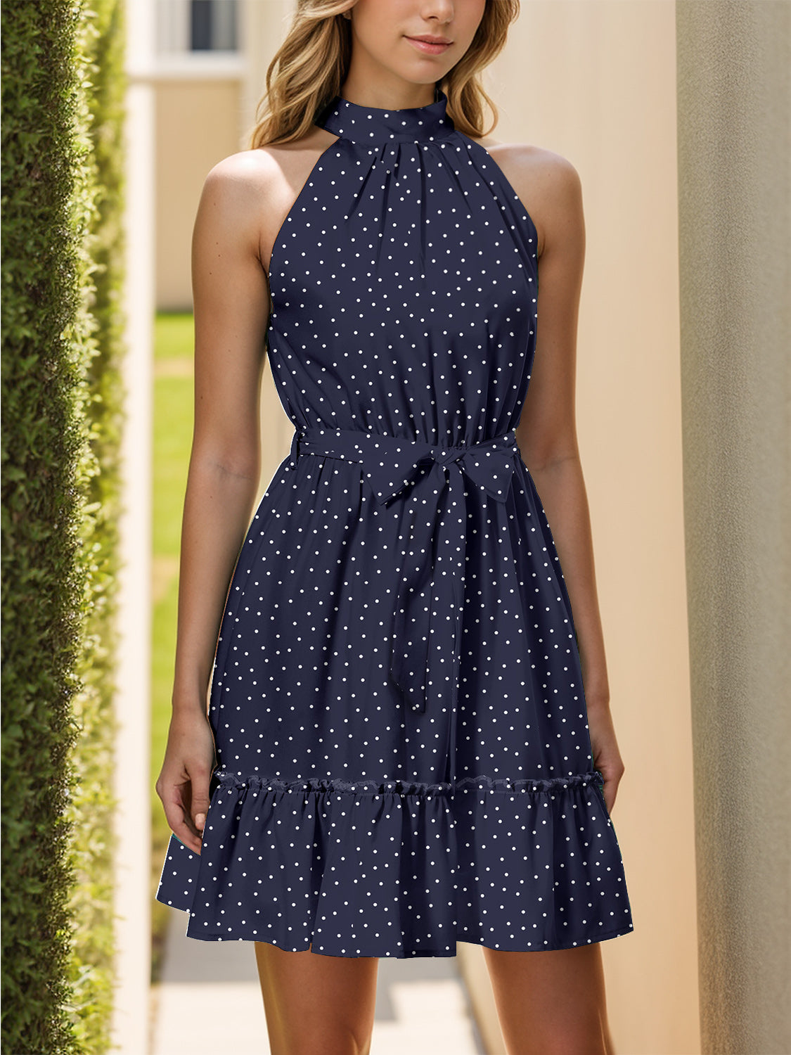 Tied Polka Dot Grecian Sleeveless Dress - Trendy by Luna