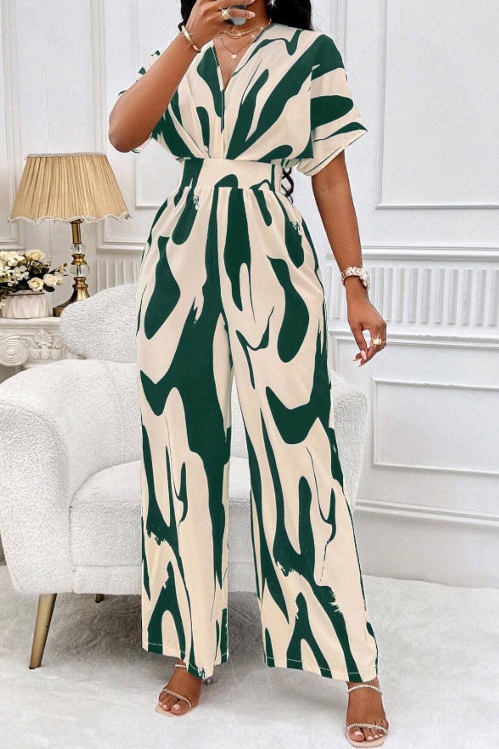 Printed V-Neck Short Sleeve Wide Leg Jumpsuit - Trendy by Luna