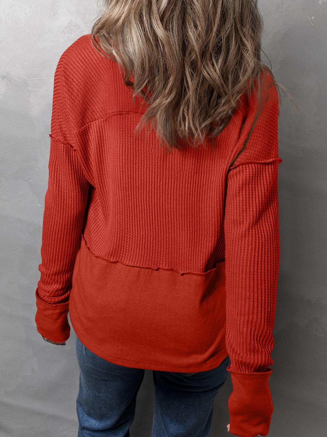 Waffle-Knit Notched Long Sleeve T-Shirt - Trendy by Luna