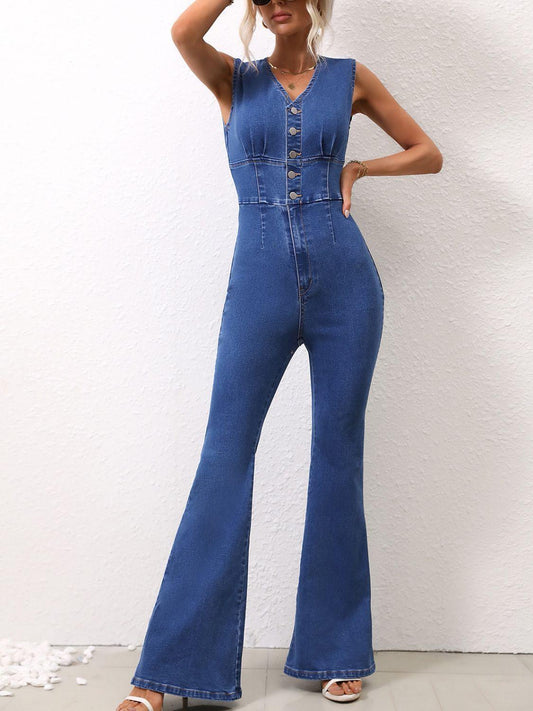 V-Neck Sleeveless Denim Jumpsuit - Trendy by Luna