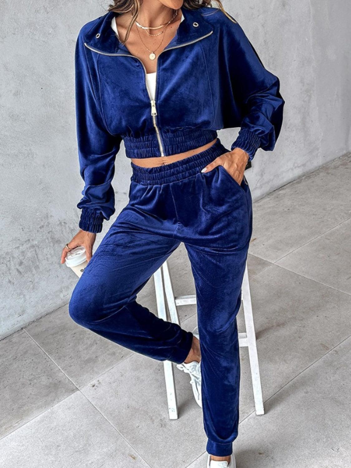 Zip Up Long Sleeve Cropped Top and Joggers Set - Trendy by Luna