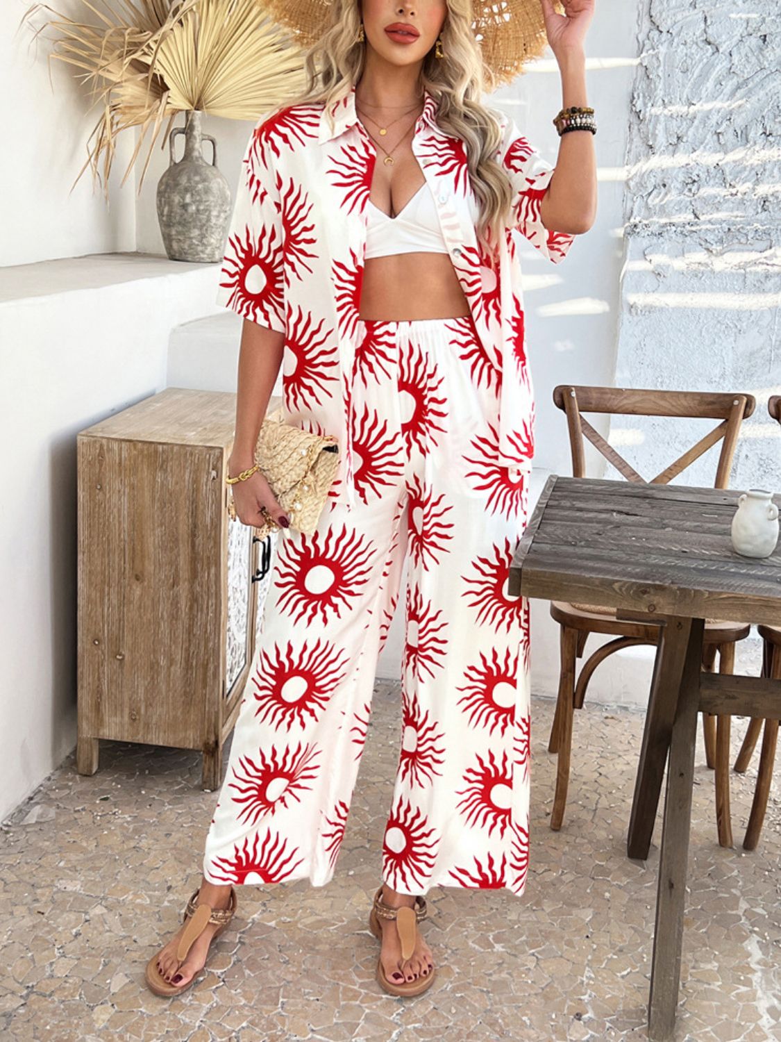 Printed Collared Neck Half Sleeve Top and Pants Set - Trendy by Luna