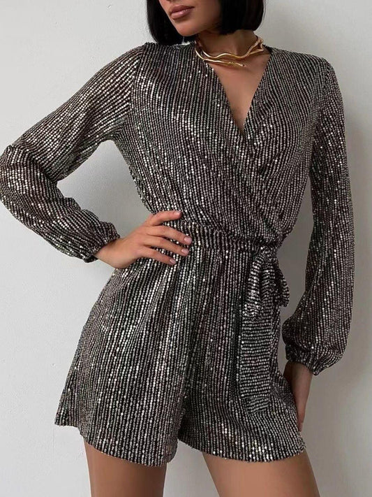 Full Size Sequin Surplice Tie Waist Long Sleeve Romper - Trendy by Luna