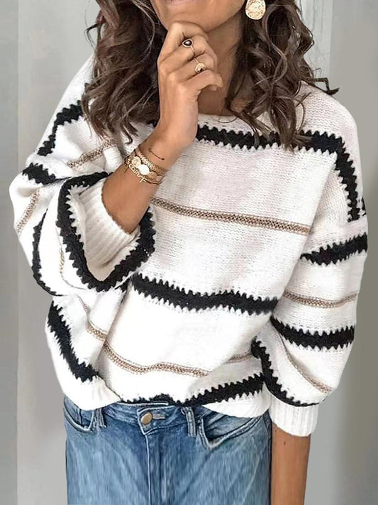 Contrast Striped Round Neck Long Sleeve Sweater - Trendy by Luna