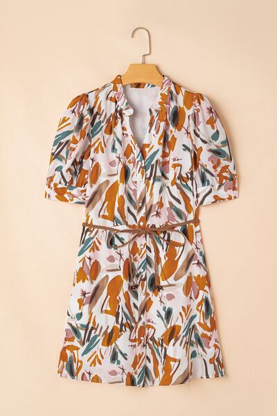 Printed Notched Short Sleeve Mini Dress - Trendy by Luna