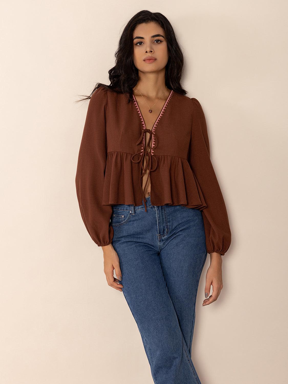 Peplum Tied V-Neck Long Sleeve Blouse - Trendy by Luna