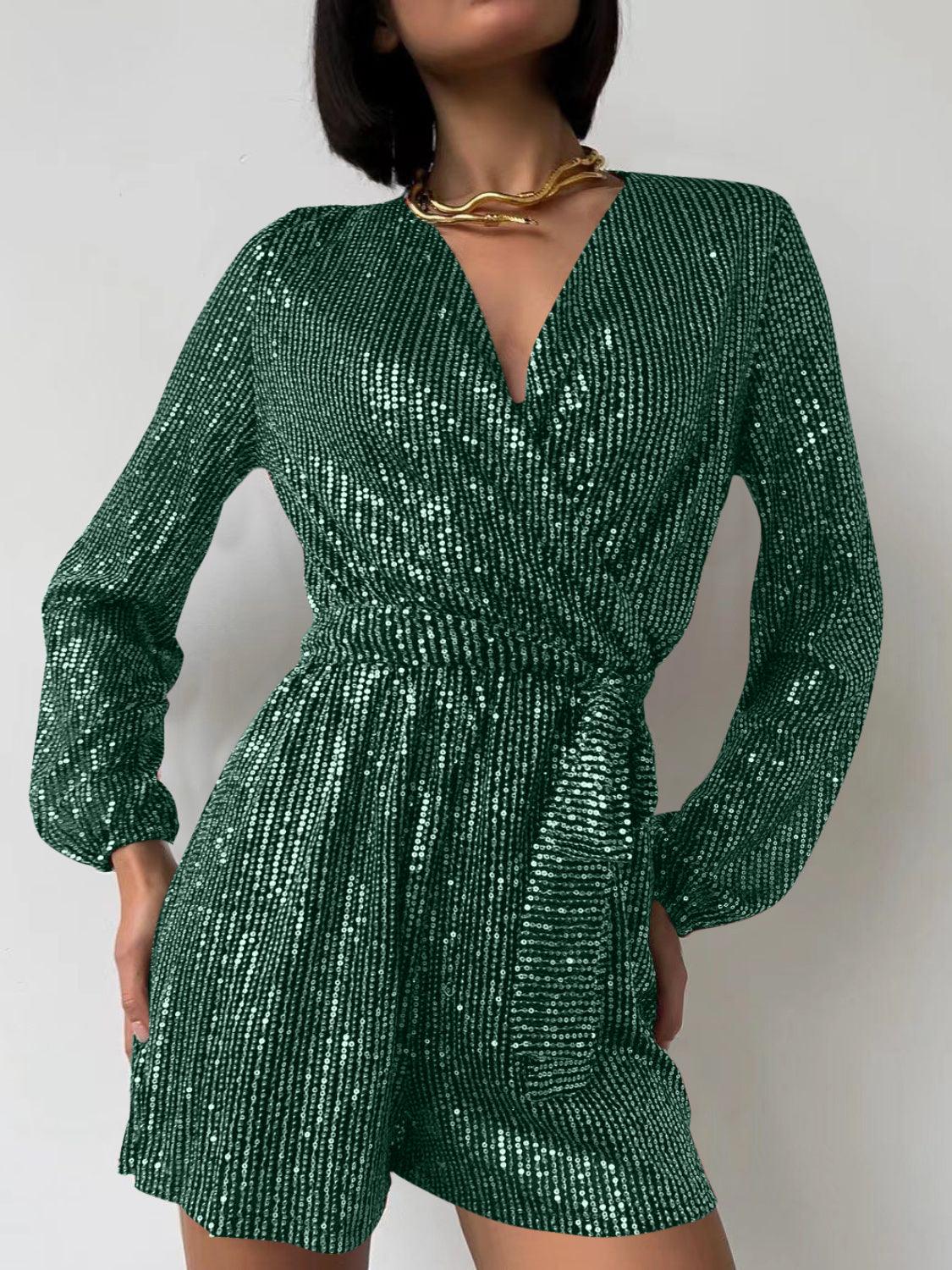 Full Size Sequin Surplice Tie Waist Long Sleeve Romper - Trendy by Luna