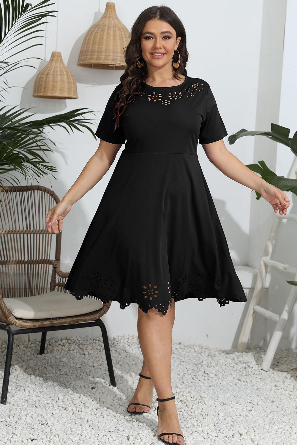 Plus Size Round Neck Openwork Dress - Trendy by Luna