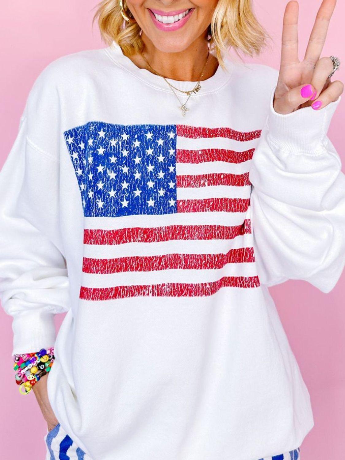 US Flag Round Neck Long Sleeve Sweatshirt - Trendy by Luna