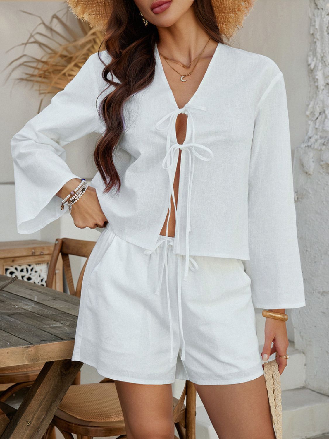 Double Tied V-Neck Top and Shorts Set - Trendy by Luna