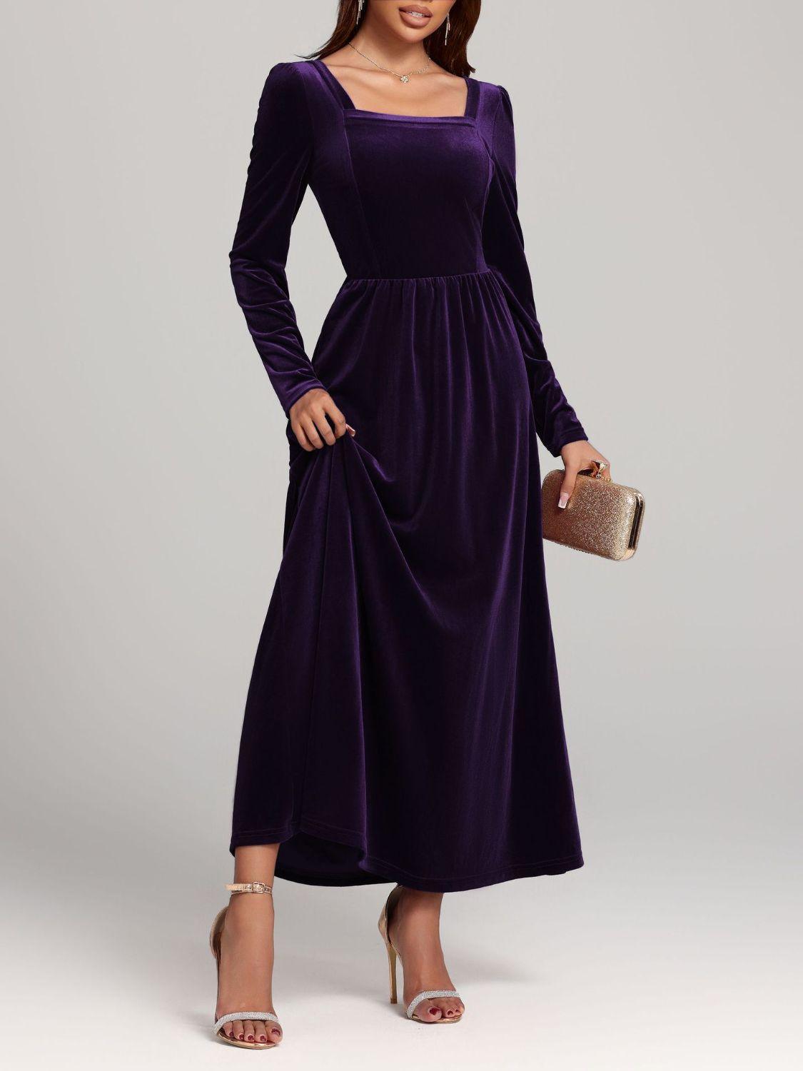 Velvet Square Neck Long Sleeve Dress - Trendy by Luna