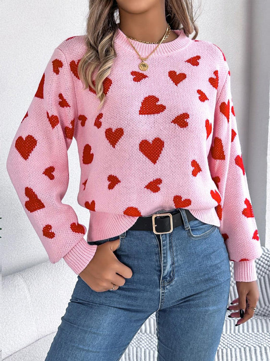 Heart Round Neck Long Sleeve Sweater - Trendy by Luna