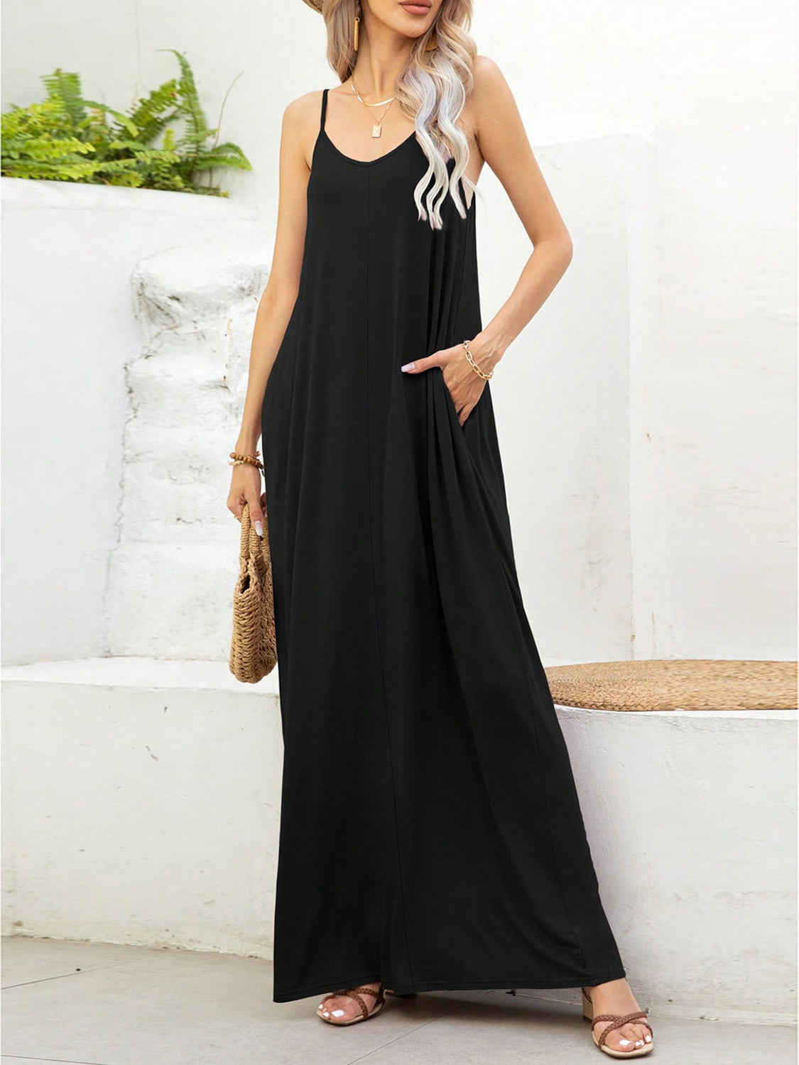 V-Neck Maxi Cami Dress with Pockets - Trendy by Luna