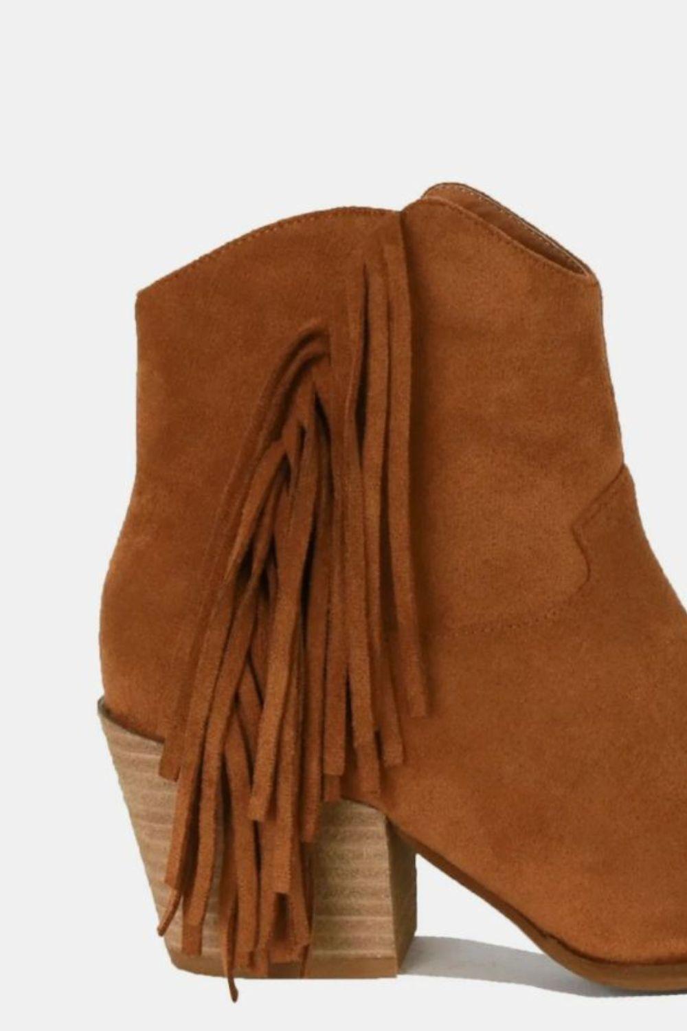 Beast Fashion Suede Fringe Point Toe Ankle Boots - Trendy by Luna