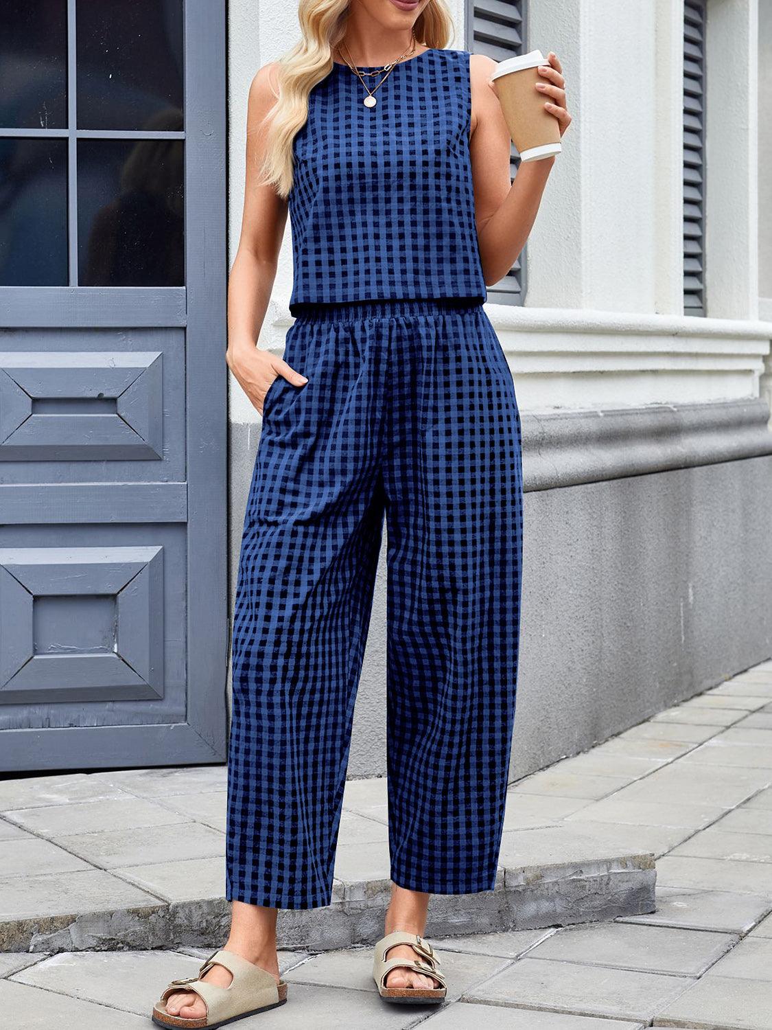 Lovelet Plaid Round Neck Sleeveless Top and Pants Set - Trendy by Luna