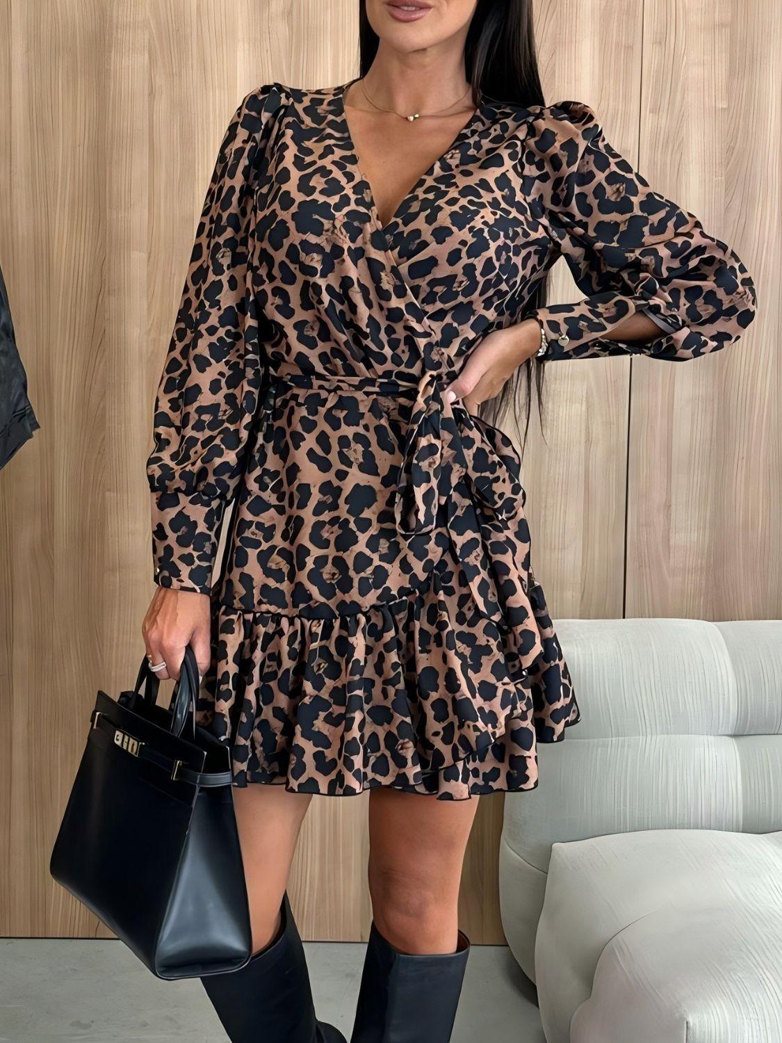 Tied Leopard Surplice Long Sleeve Dress - Trendy by Luna