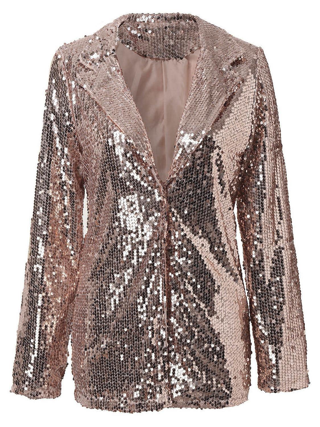 Sequin Lapel Collar Long Sleeve Blazer - Trendy by Luna