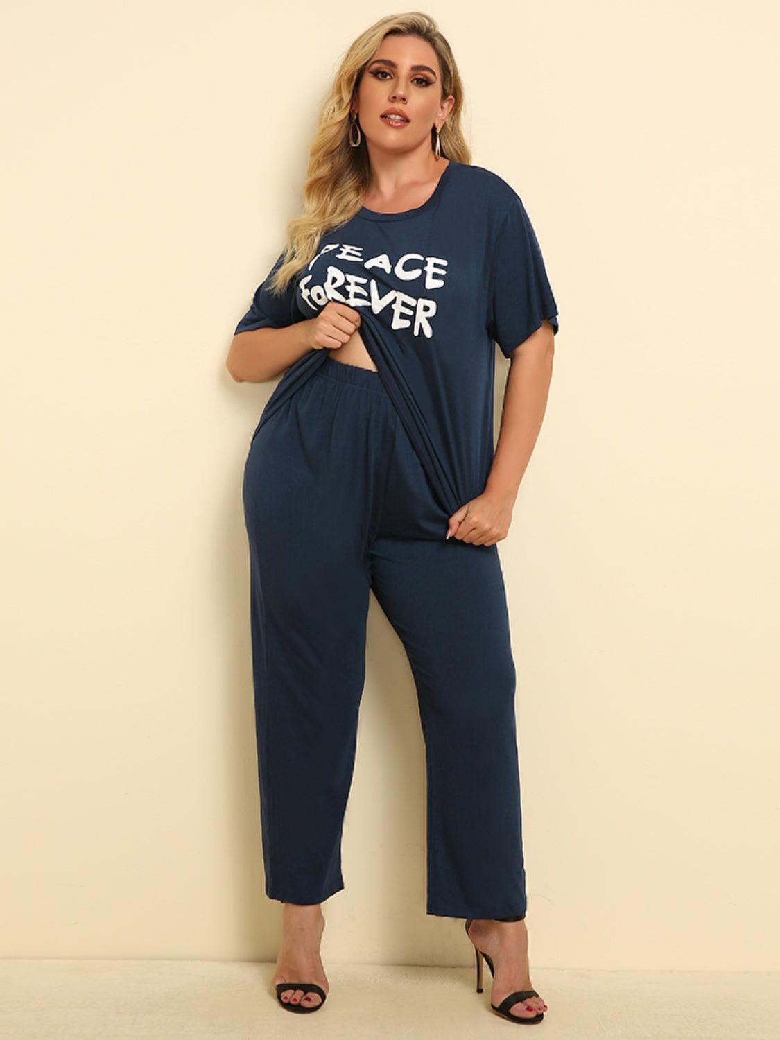 Plus Size PEACE FOREVER Short Sleeve Top and Pants Set - Trendy by Luna