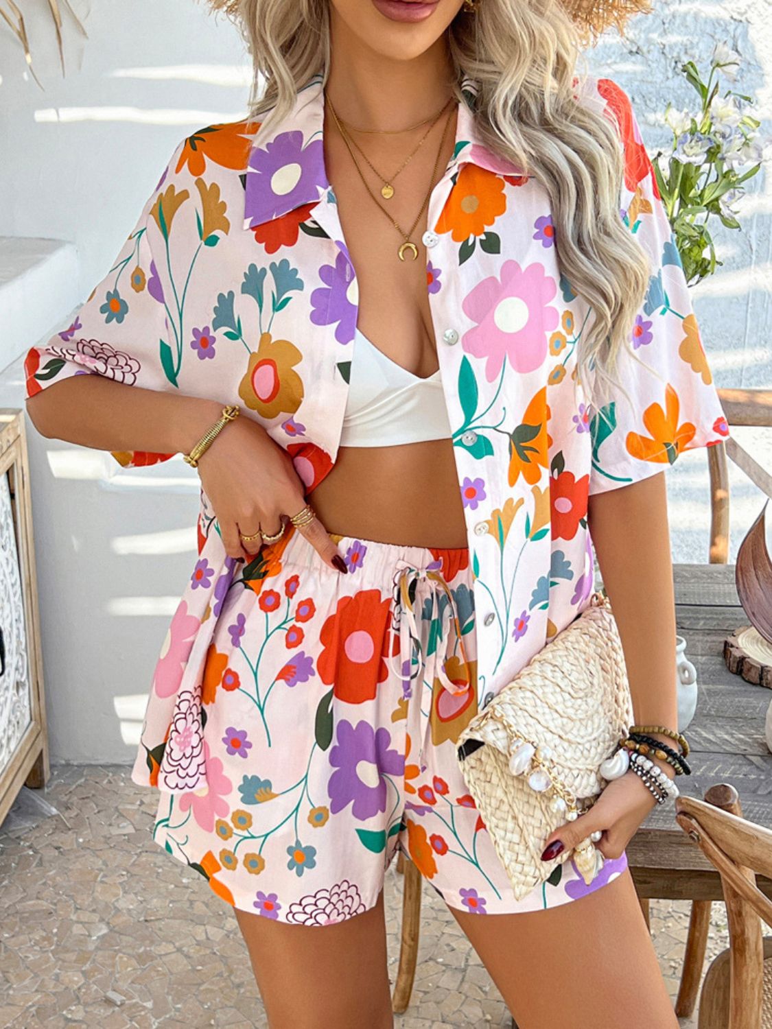 Printed Button Down Shirt and Shorts Set - Trendy by Luna