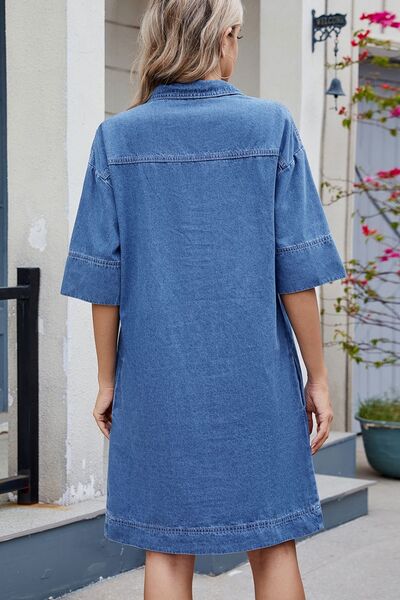 Johnny Collar Half Sleeve Denim Dress - Trendy by Luna