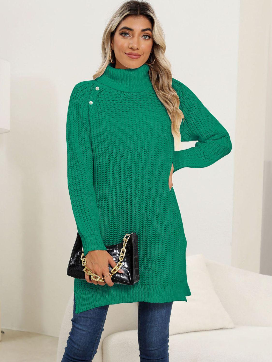 Slit Turtleneck Long Sleeve Sweater - Trendy by Luna