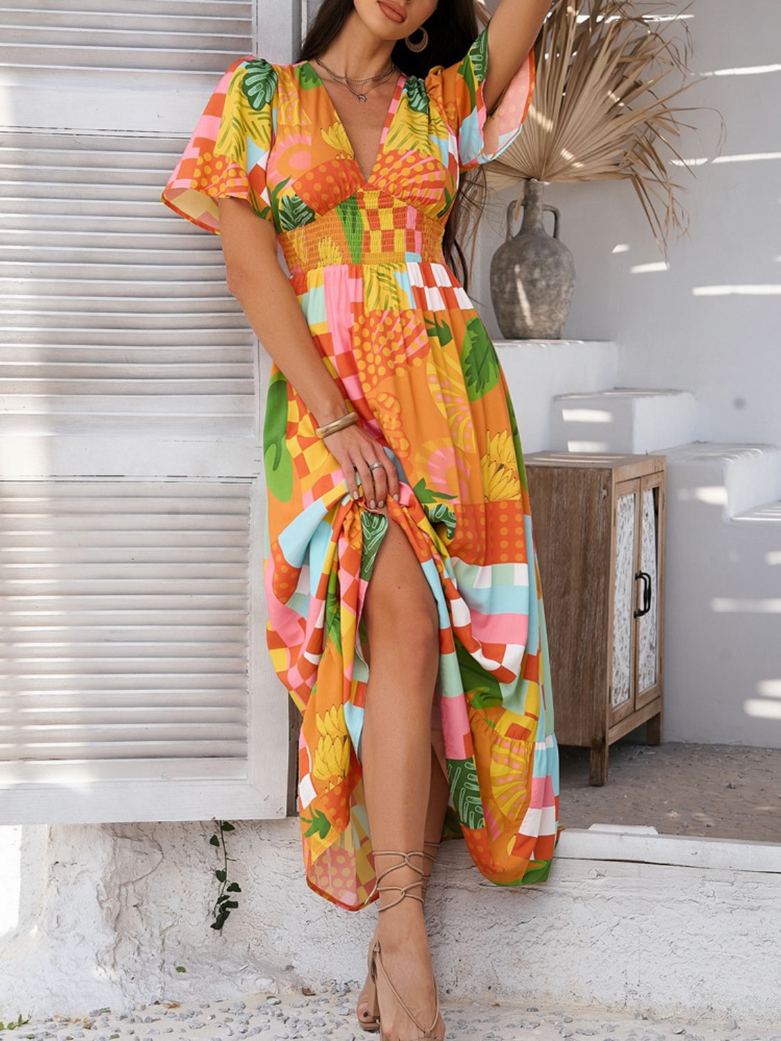 Smocked Printed V-Neck Short Sleeve Maxi Dress - Trendy by Luna