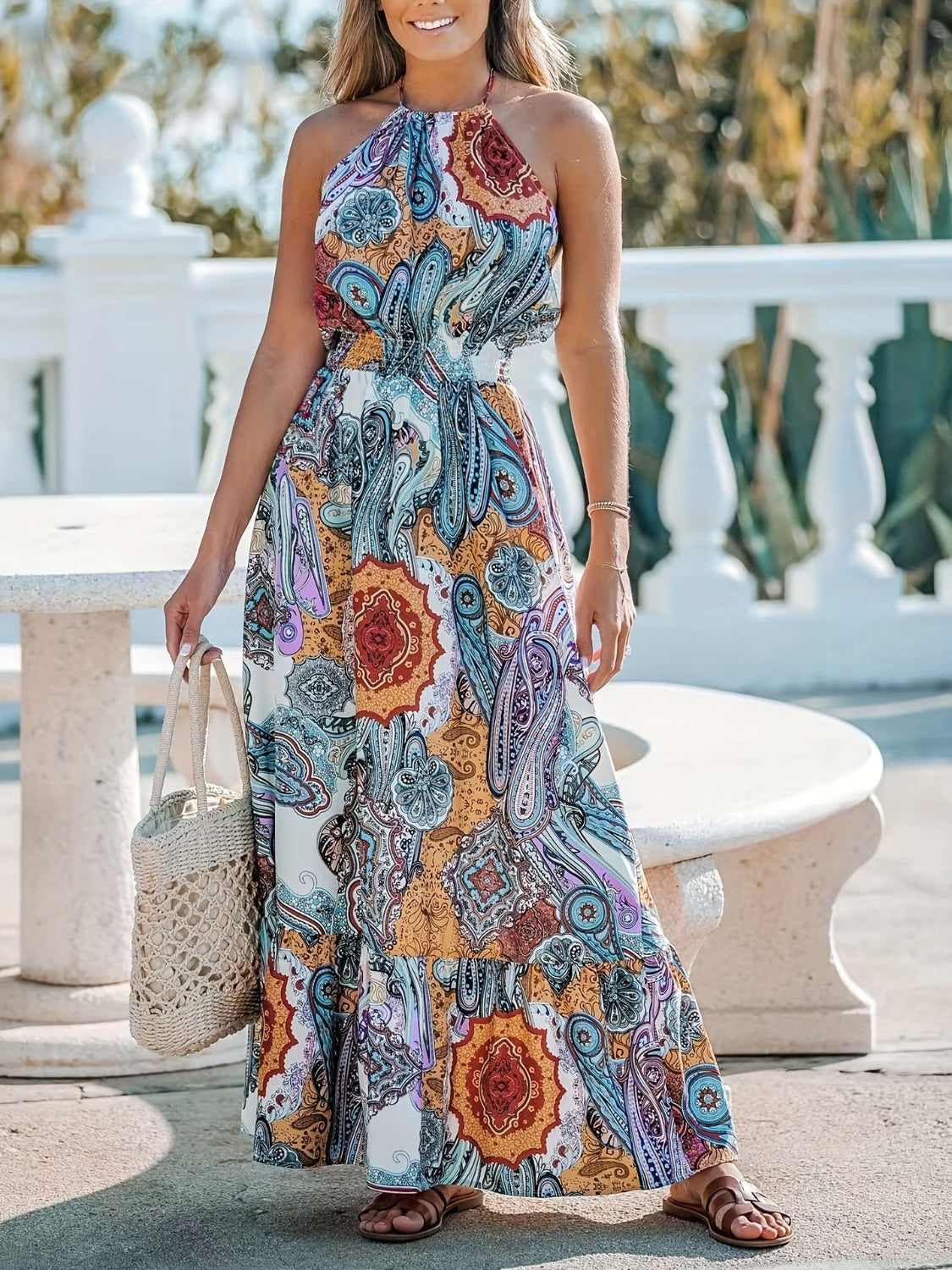 Printed Halter Neck Maxi Dress - Trendy by Luna