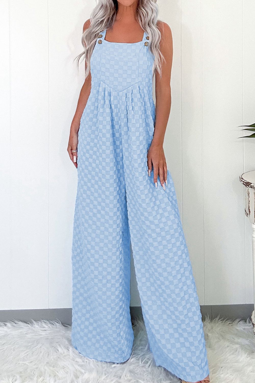 Checkered Pocketed Wide Leg Overalls - Trendy by Luna