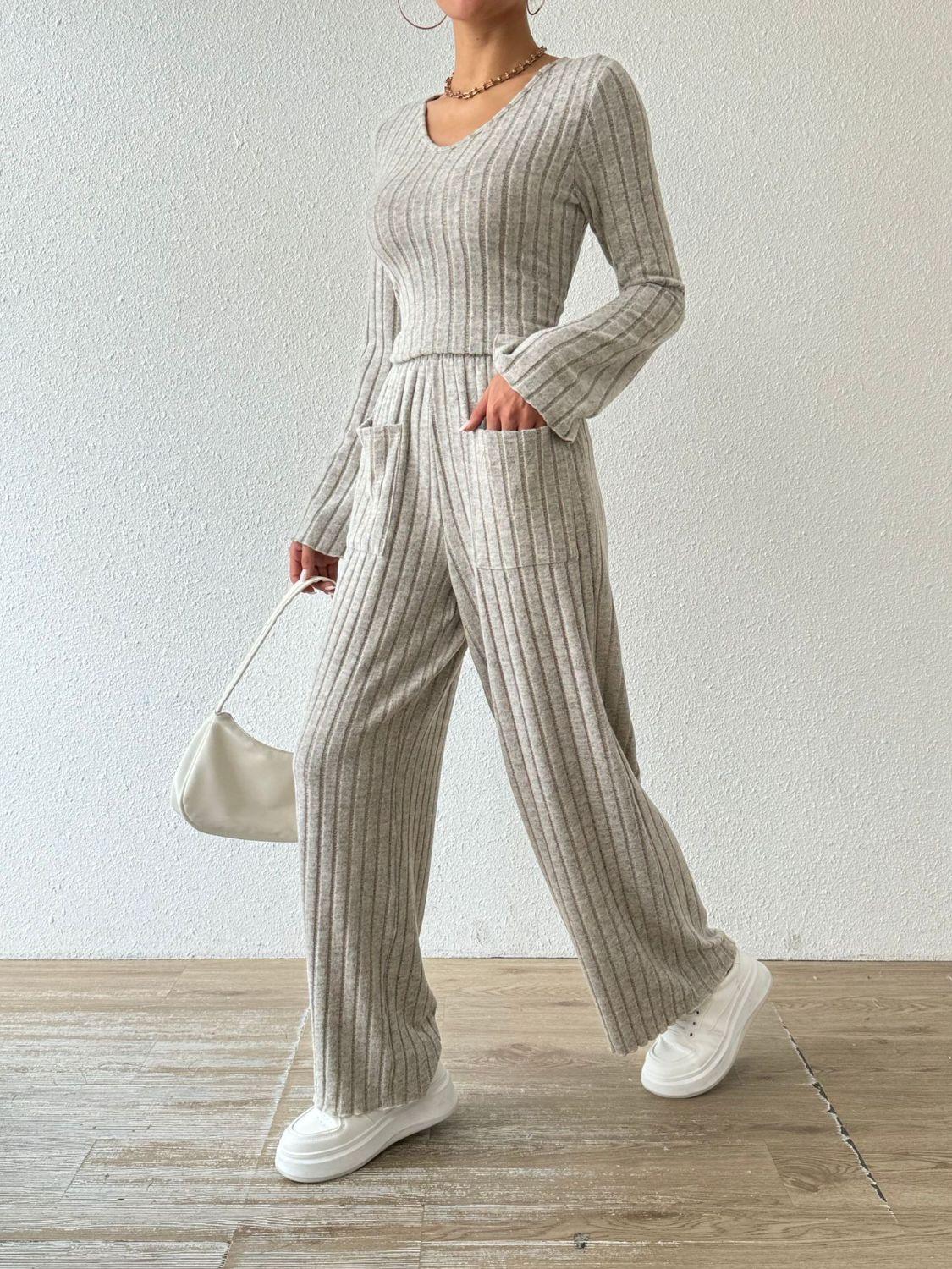 Ribbed V-Neck Long Sleeve Top and Pocketed Pants Set - Trendy by Luna