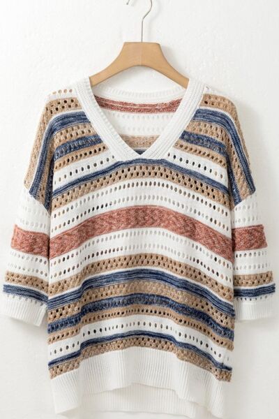 Striped Hollow Out Half Sleeve Knit Top - Trendy by Luna