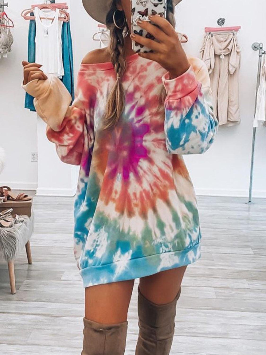 Full Size Tie-Dye Round Neck Long Sleeve Dress - Trendy by Luna