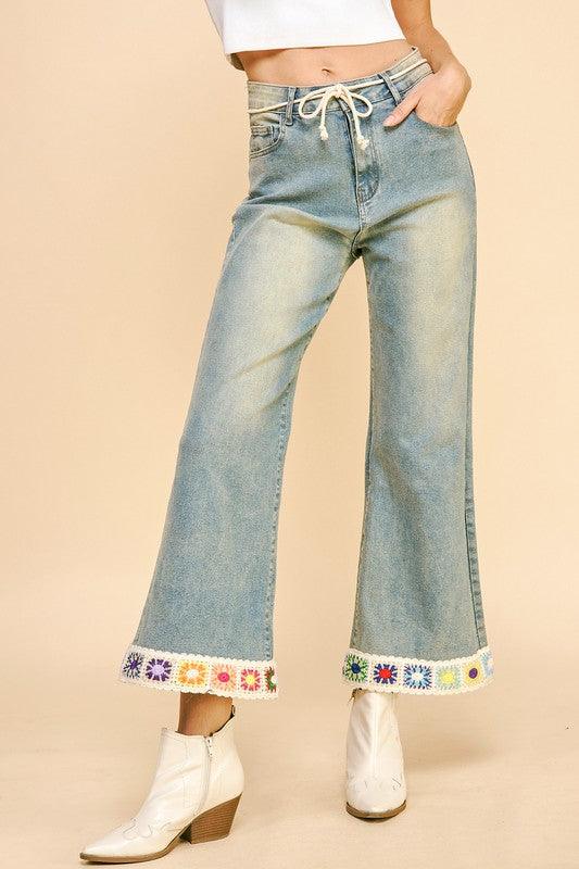 Crochet Trim Flare Jeans with Pockets - Trendy by Luna