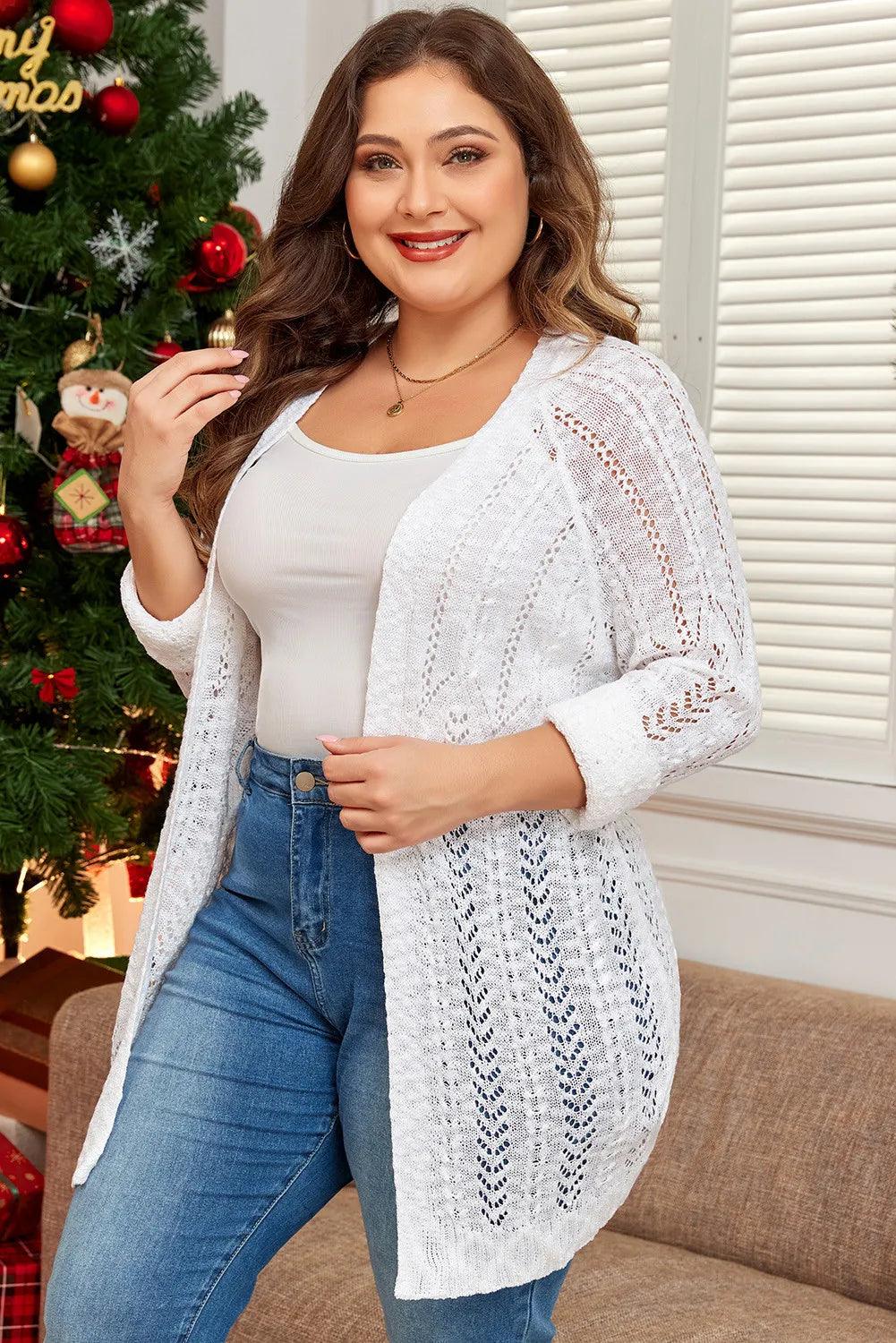 Plus Size Openwork Open Front Long Sleeve Cardigan - Trendy by Luna