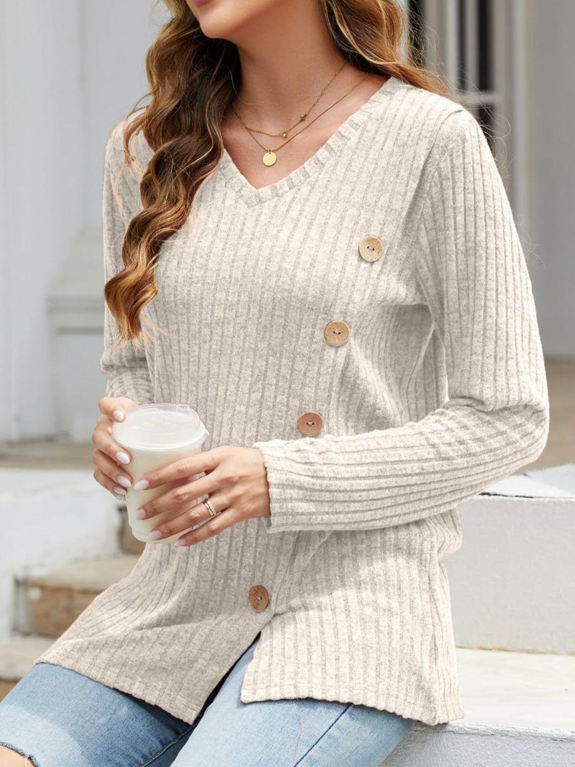 V-Neck Long Sleeve T-Shirt - Trendy by Luna