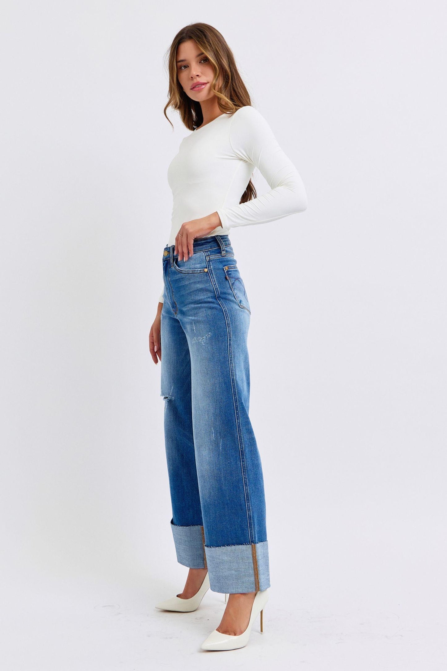 Judy Blue Full Size Distressed High Waist Wide Leg Jeans - Trendy by Luna