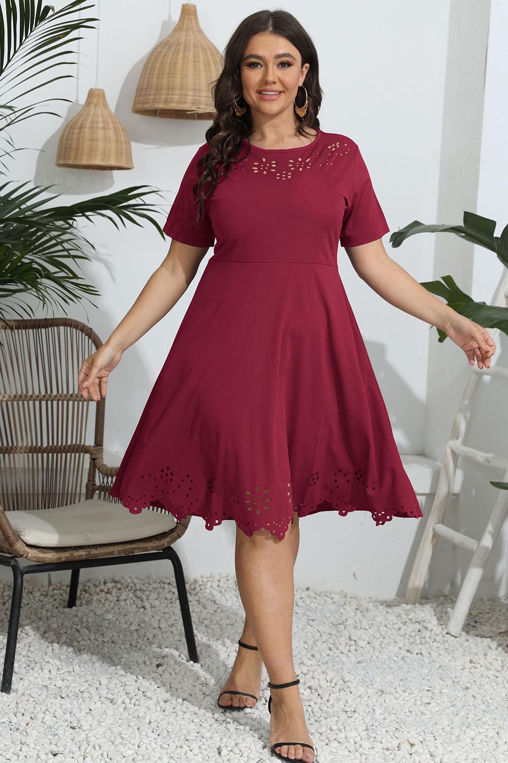 Plus Size Round Neck Openwork Dress - Trendy by Luna