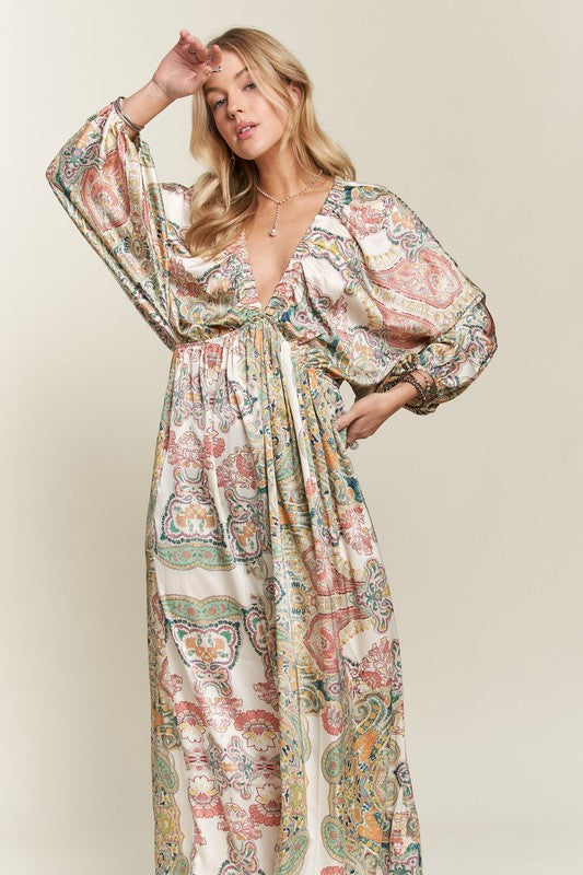 ADORA Printed V-Neck Batwing Sleeve Dress - Trendy by Luna