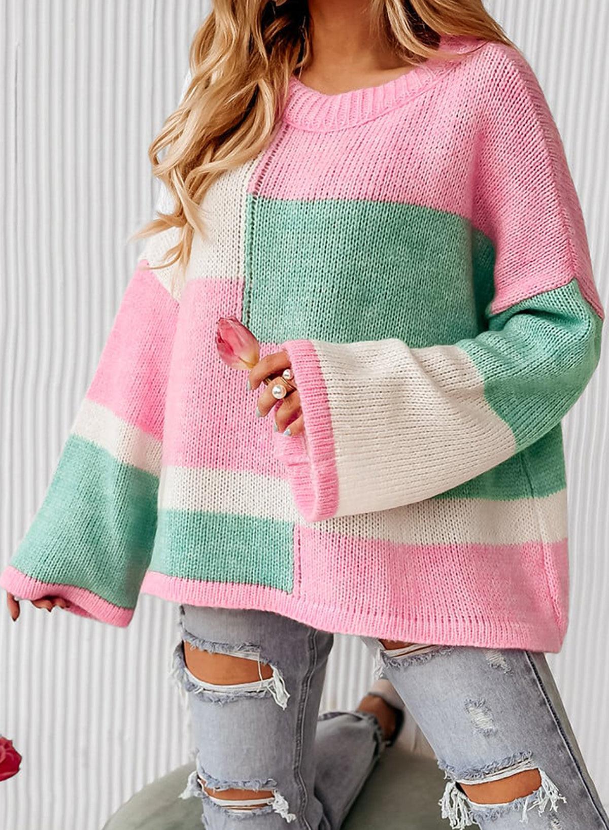 Color Block Round Neck Drop Shoulder Sweater - Trendy by Luna