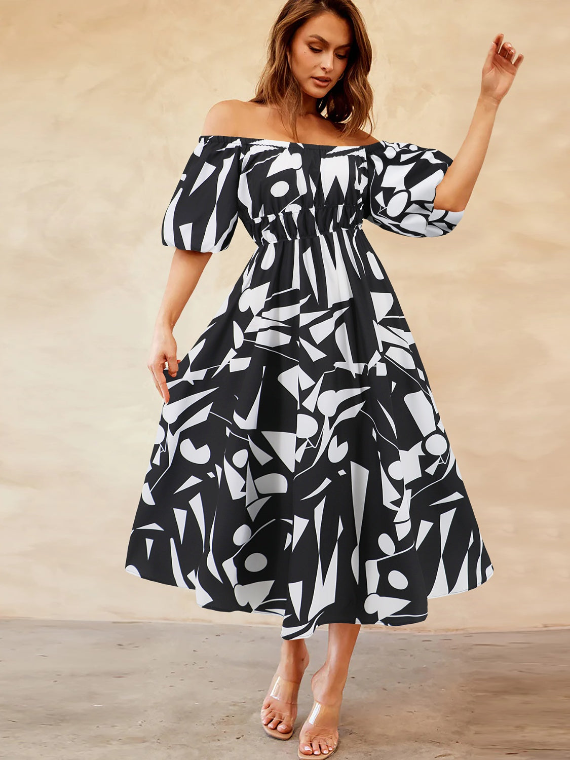 Printed Off-Shoulder Balloon Sleeve Dress - Trendy by Luna