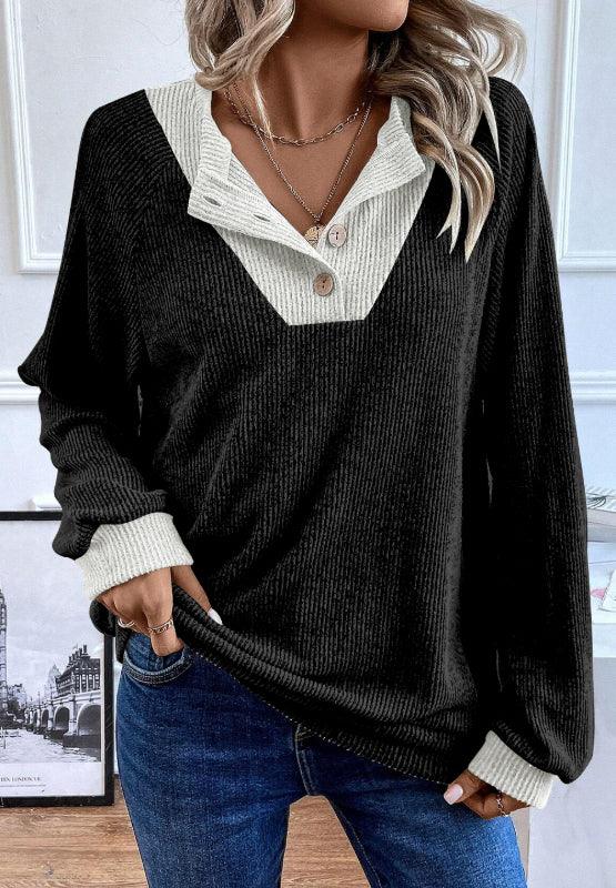 Contrast Quarter Button Round Neck Long Sleeve Top - Trendy by Luna