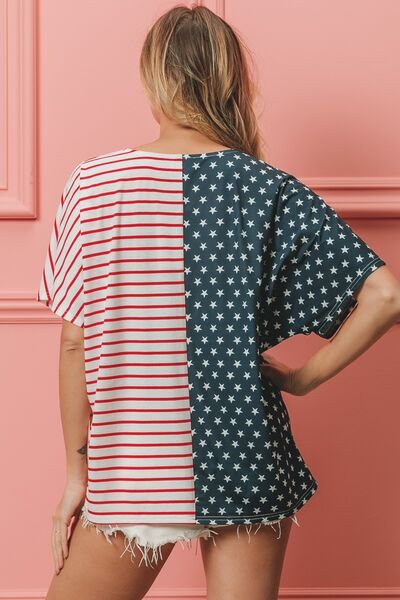 BiBi US Flag Themed Color Block Short Sleeve T-Shirt - Trendy by Luna