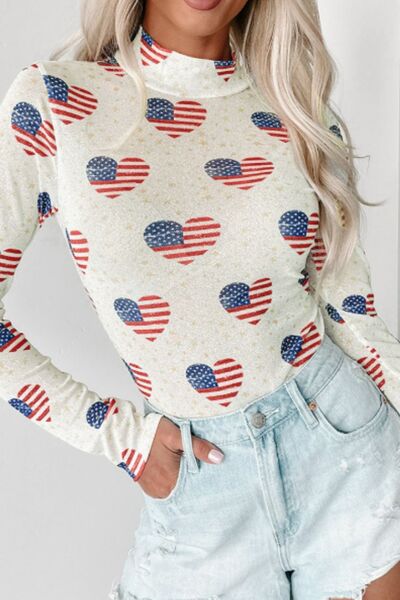 US Flag Heart Mock Neck Long Sleeve Bodysuit - Trendy by Luna