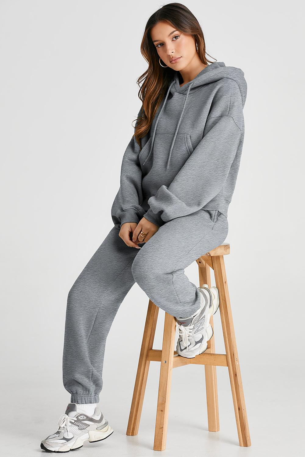 Dropped Shoulder Hooded Top and Pants Active Set - Trendy by Luna